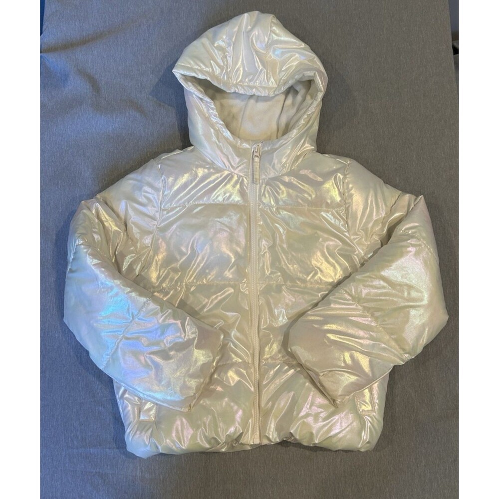 Old Navy Girls Hooded Full Zip Puffer Jacket Silver Iridescent Size L 10/12